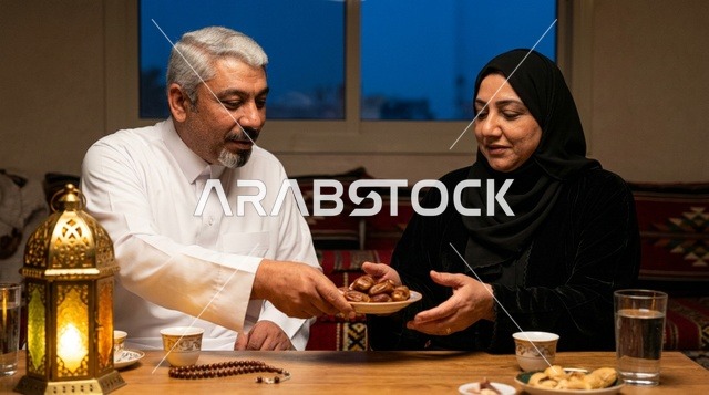 زوجان عربيان يجهزان مائدة الطعام للإفطار في رمضان