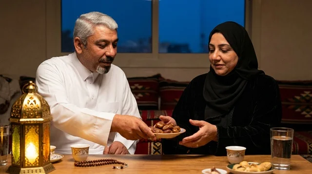 زوجان عربيان يجهزان مائدة الطعام للإفطار في رمضان