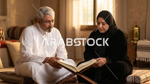 زوجان سعوديان مسنان يقرآن القرآن الكريم في مجلس تقليدي