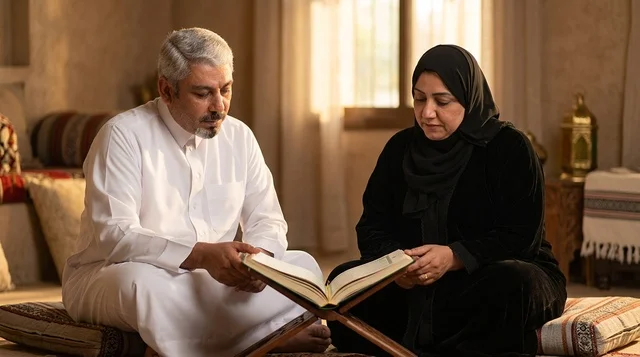 Elderly Saudi Couple Reading Holy Quran Together Indoors
