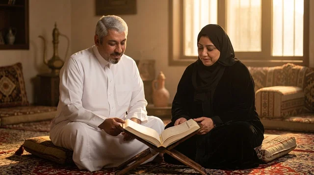 Saudi Couple Reading Holy Quran in Traditional Majlis