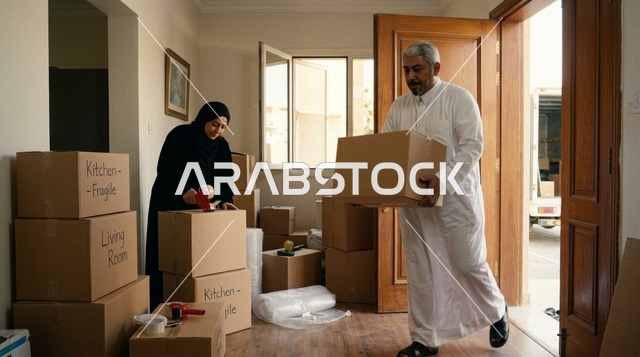 زوجان عربيان يقومون بحمل صناديق نقل الاثاث