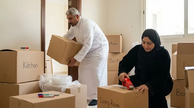 An Arab couple is carrying moving boxes.