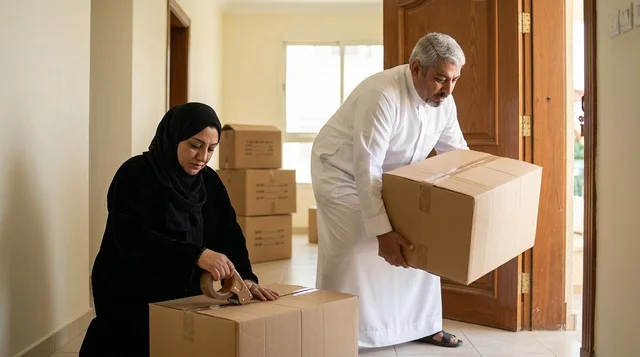 An Arab couple is carrying moving boxes.