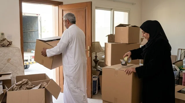 زوجان عربيان يقومون بحمل صناديق نقل الاثاث