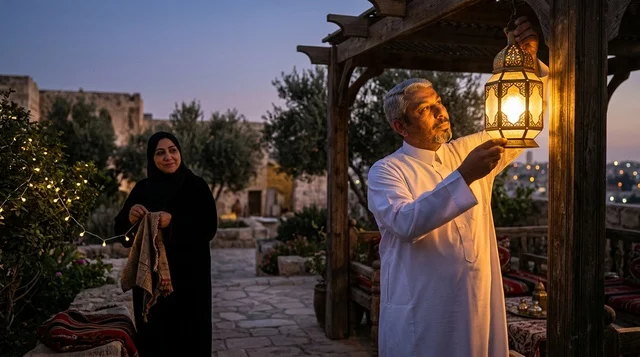 A Saudi man and woman are preparing decorations and a lantern for Ramadan.