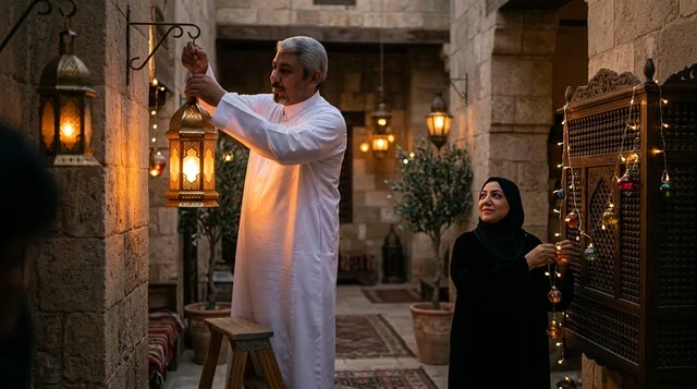 A Saudi man and woman are preparing decorations and a lantern for Ramadan.