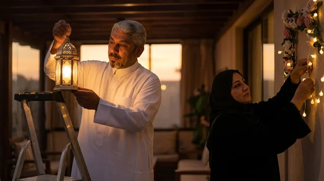 رجل وامرأة سعوديان يجهزان زينة وفانوس رمضان