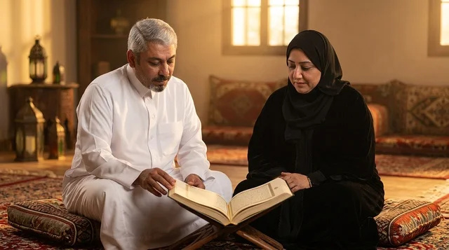 رجل وامرأة يقرآن القرآن في مجلس سعودي تقليدي
