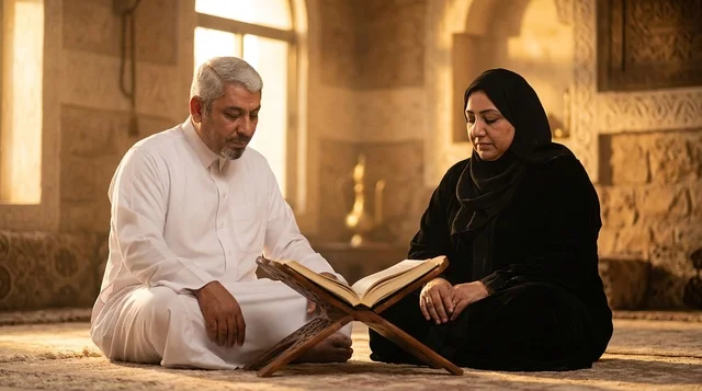 A man and a woman are reading the Quran in a traditional Saudi gathering.