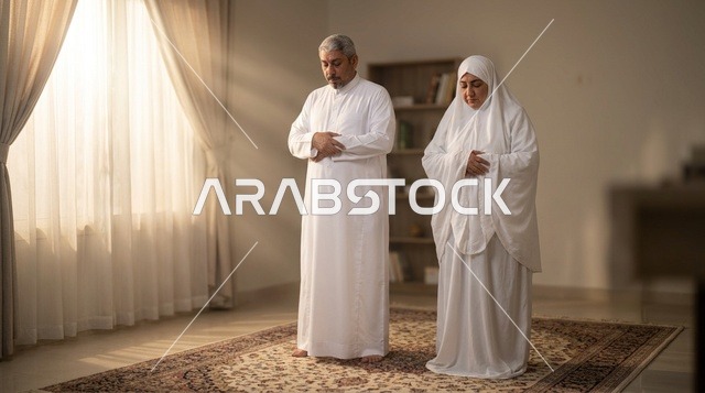 زوجان سعوديان يؤديان الصلاة بالزي التقليدي في المنزل