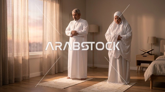 رجل وامرأة سعوديان يؤديان الصلاة في المنزل