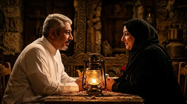 Saudi Couple in Traditional Clothing with Lantern Heritage