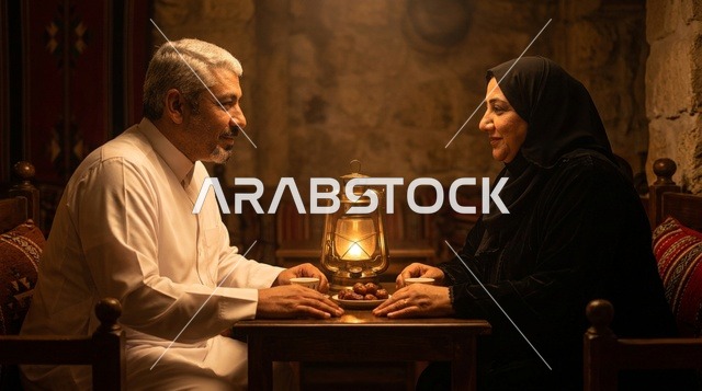 زوجان سعوديان بالزي التقليدي مع الفانوس والتمر