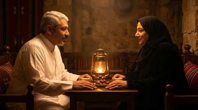 Saudi Couple with Lantern and Dates in Traditional Setting