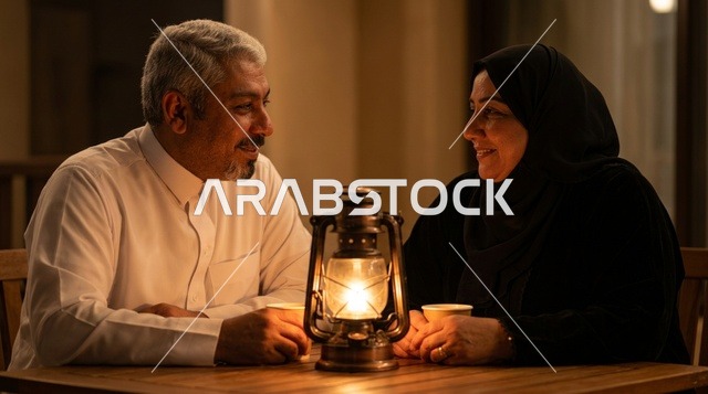 زوجان سعوديان مع فانوس تقليدي في الليل