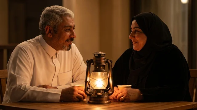 Saudi Couple with Traditional Lantern at Night