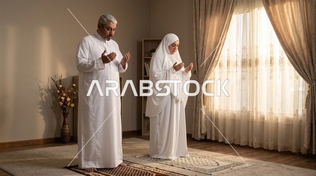 رجل وامرأة سعوديان مسنان يدعوان الله داخل المنزل