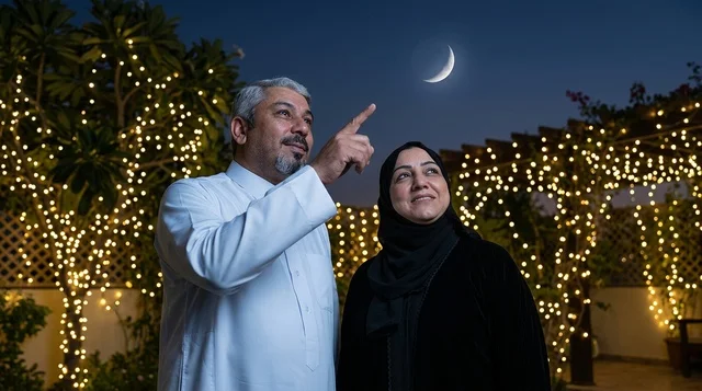 Emirati Couple Sighting Crescent Moon at Night
