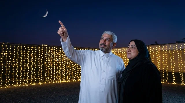 رجل وامرأة سعوديان يراقبان هلال القمر في السماء