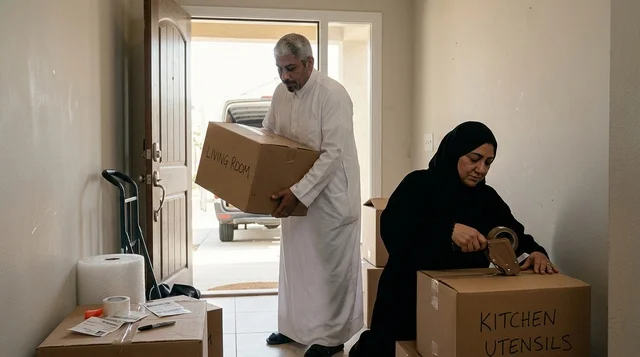 زوجان سعوديان يقومان بتعبئة صناديق لنقل المنزل