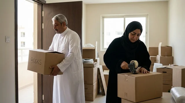 زوجان سعوديان يقومان بتعبئة صناديق كرتونية للانتقال