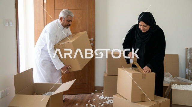 Arab Couple Packing Boxes for Home Relocation
