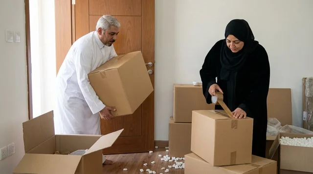 Arab Couple Packing Boxes for Home Relocation