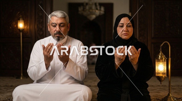 Elderly Arab Couple Performing Dua Indoors with Lanterns
