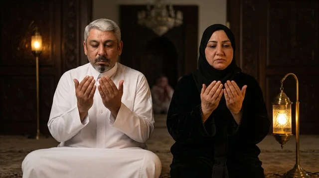 Elderly Arab Couple Performing Dua Indoors with Lanterns