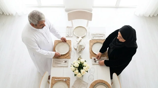 Saudi Couple Setting Dining Table in Modern Home