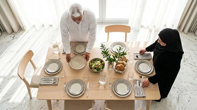 Elderly Emirati Couple Setting Dining Table at Home