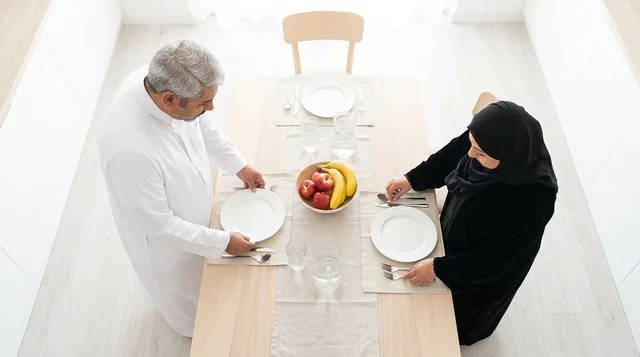 Emirati Couple Preparing Dining Table in Modern Home