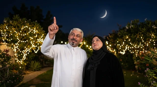 زوجان سعوديان ينظران إلى هلال العيد في حديقة ليلية