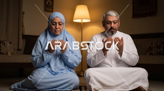 Elderly Arab Couple Performing Dua Indoors