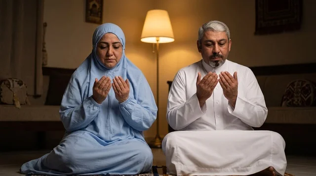 Elderly Arab Couple Performing Dua Indoors