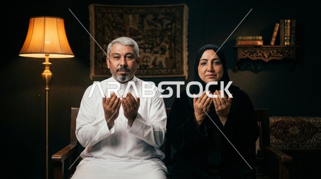 زوجان سعوديان يؤديان الدعاء في غرفة تقليدية