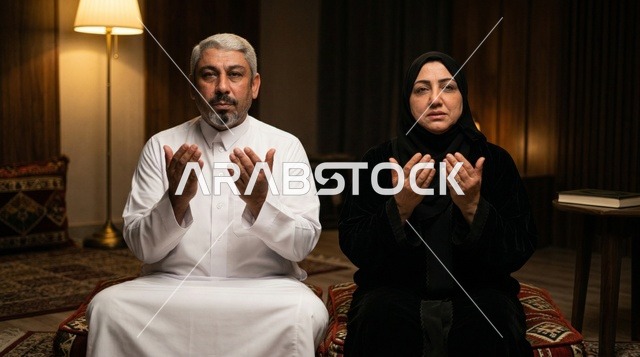 رجل وامرأة سعوديان يرفعان أيديهما بالدعاء بالزي التقليدي