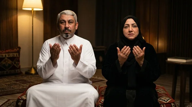 Saudi Couple Performing Duaa in Traditional Clothing