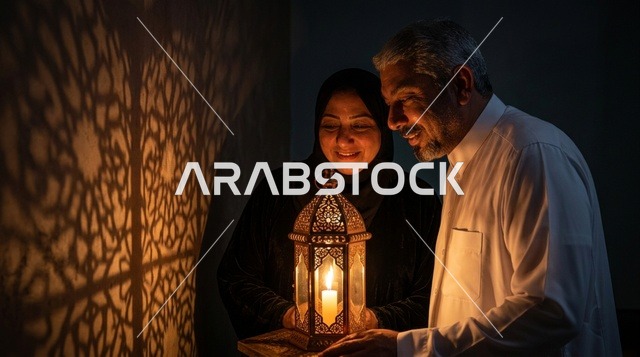 زوجين سعوديين مع فانوس رمضان وظلال هندسية
