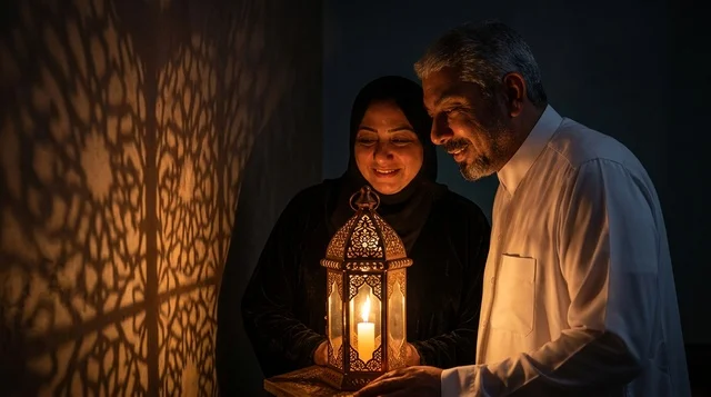 زوجين سعوديين مع فانوس رمضان وظلال هندسية