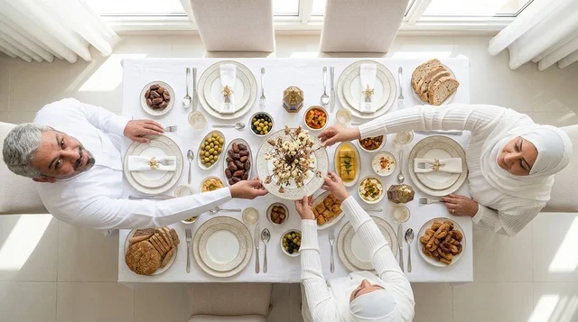 Emirati Family Eating Traditional Middle Eastern Meal