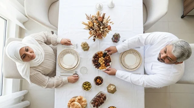 زوجان عربيان على مائدة إفطار رمضان منظر علوي