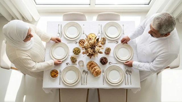 Arab Couple Sitting at Dining Table Overhead View