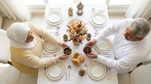 Arab Couple at Ramadan Iftar Dining Table Top View