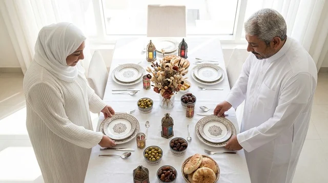 Arab Couple Setting Dining Table for Ramadan Iftar