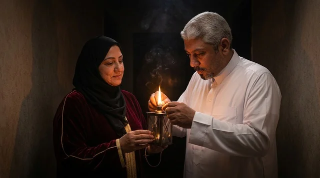 زوجان سعوديان كبيران يشعلان فانوساً تقليدياً