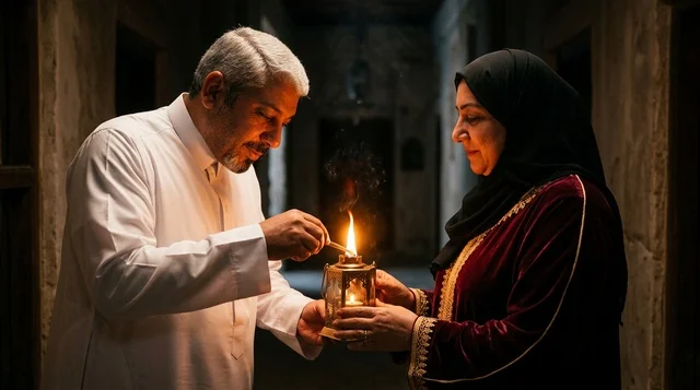 Emirati Couple Lighting Traditional Oil Lantern at Night