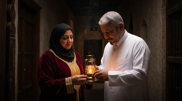 رجل وامرأة إماراتيان بالزي التقليدي مع فانوس