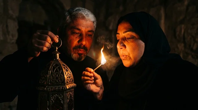 زوجان سعوديان يشعلان فانوساً نحاسياً تقليدياً في الليل
